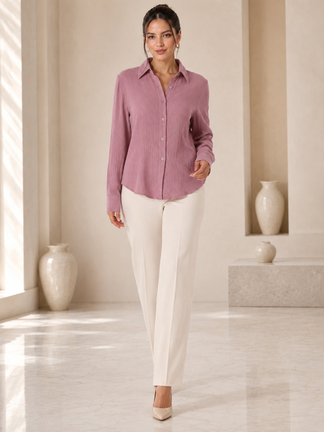 Clobug Women Pink Full Sleeve Oversized Textured Shirt