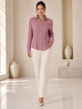Clobug Women Pink Full Sleeve Oversized Textured Shirt