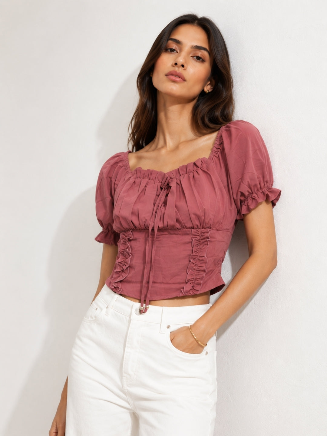 Clobug Women Square Neck Short Sleeve Crop Top