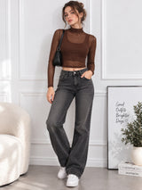 Clobug Women Full Sleeve High Neck Mesh Crop Top