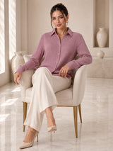 Clobug Women Pink Full Sleeve Oversized Textured Shirt