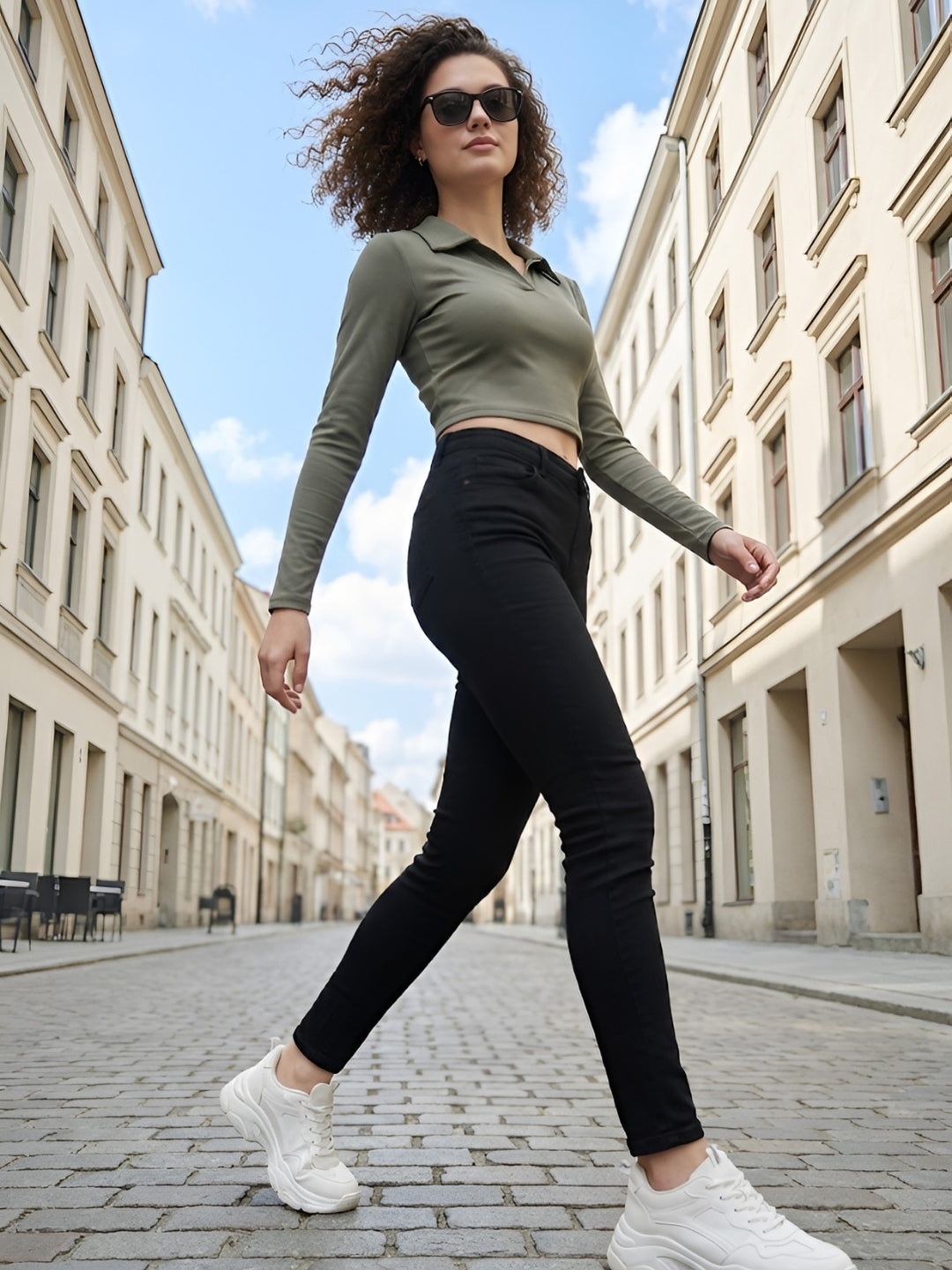 Women Ribbed Full Sleeve Collar Top