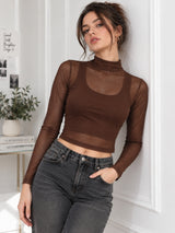 Clobug Women Full Sleeve High Neck Mesh Crop Top