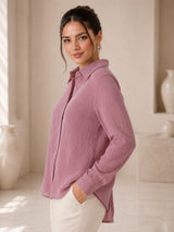 Clobug Women Pink Full Sleeve Oversized Textured Shirt