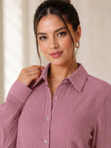 Clobug Women Pink Full Sleeve Oversized Textured Shirt