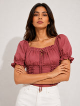 Clobug Women Square Neck Short Sleeve Crop Top