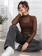 Clobug Women Full Sleeve High Neck Mesh Crop Top