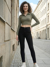 Women Ribbed Full Sleeve Collar Top