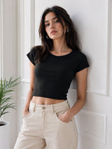Women's Black Round Neck Crop Top