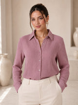 Clobug Women Pink Full Sleeve Oversized Textured Shirt