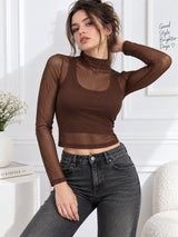Clobug Women Full Sleeve High Neck Mesh Crop Top