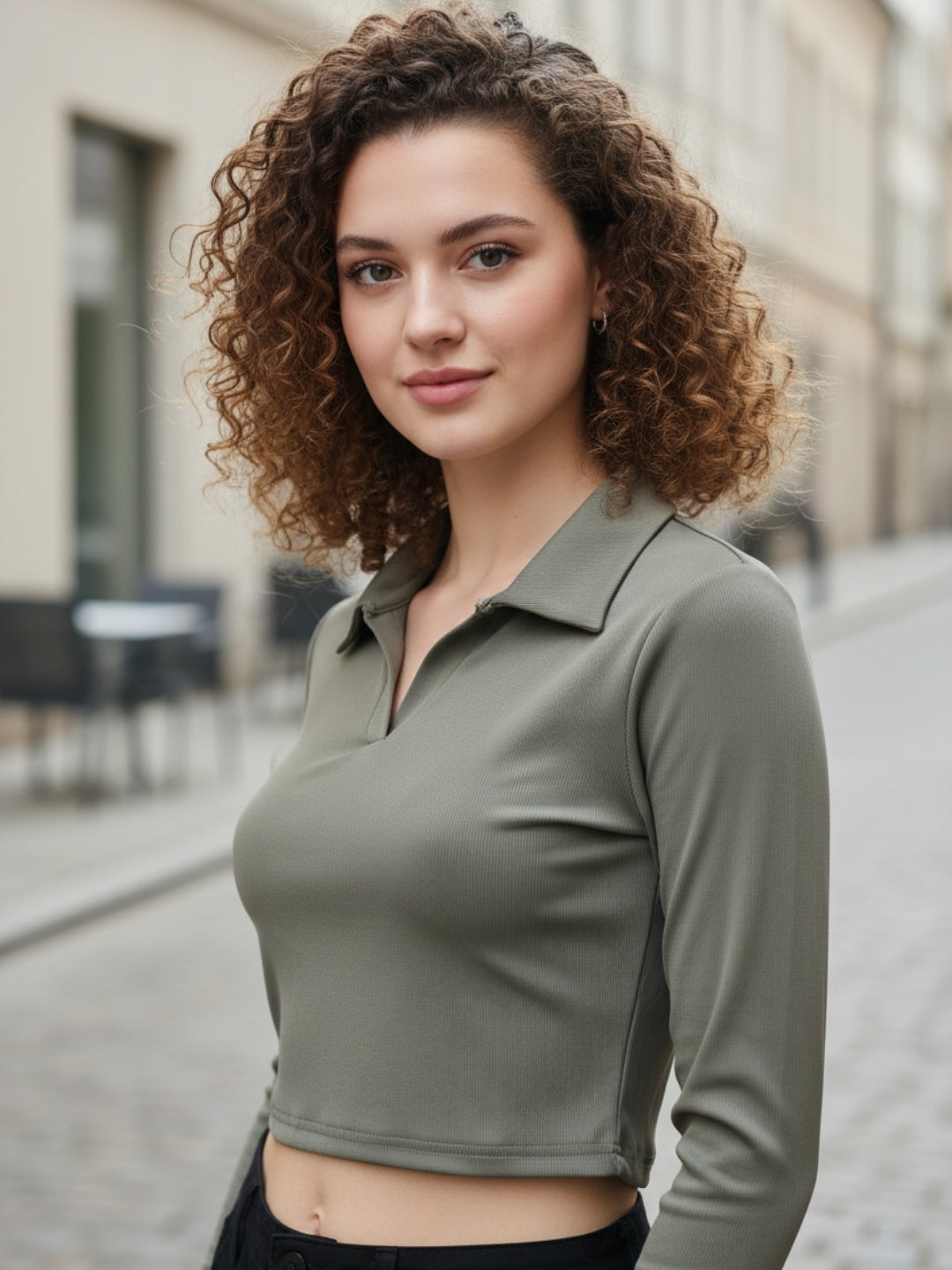 Women Ribbed Full Sleeve Collar Top