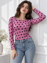 Women Heart Print Round Neck Top