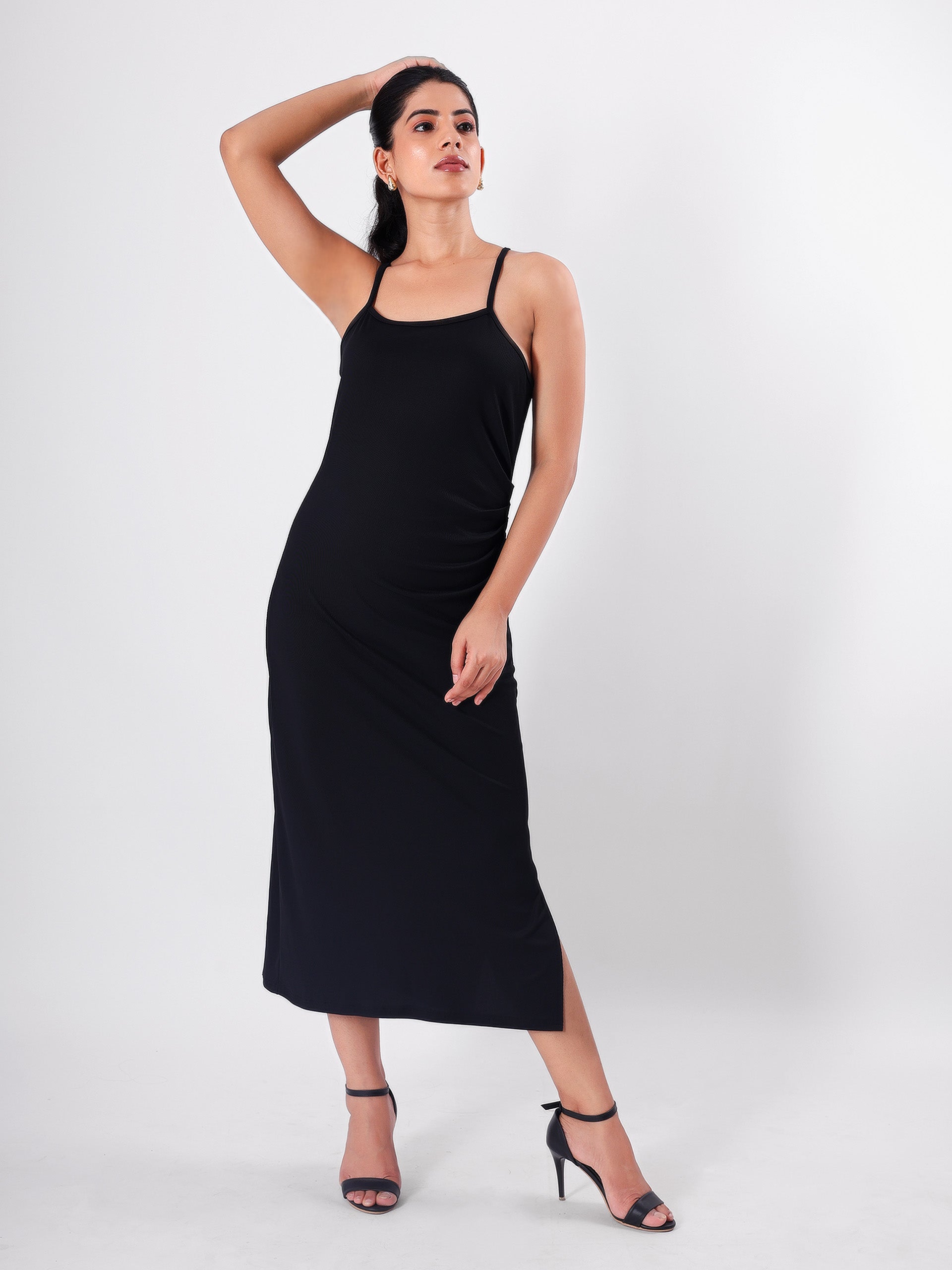 Solid Side Slit Strappy Midi Dress