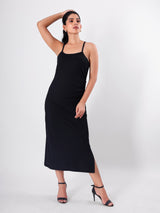 Solid Side Slit Strappy Midi Dress