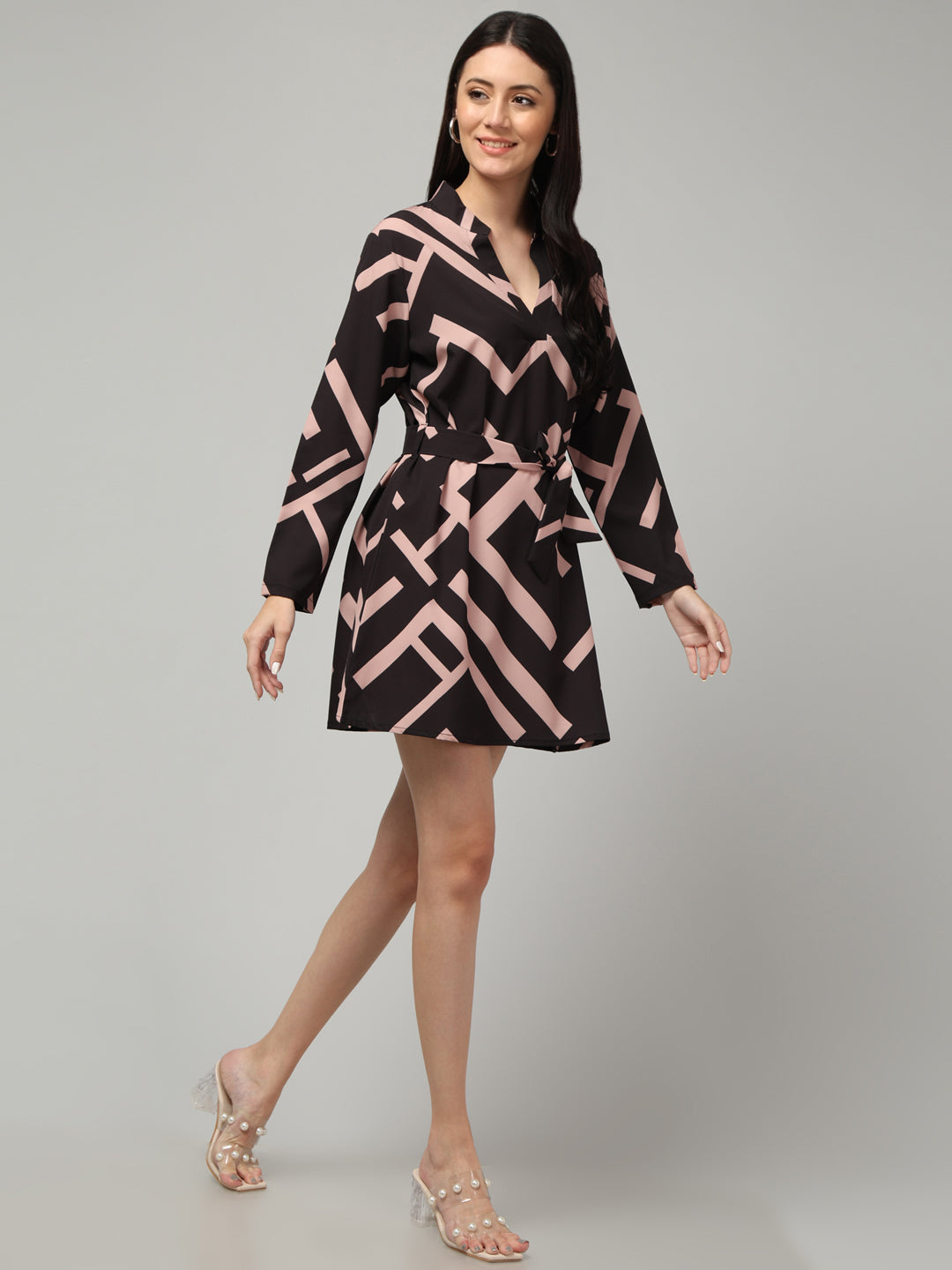 Clobug Women's Geometric Print Tie-Waist Dress