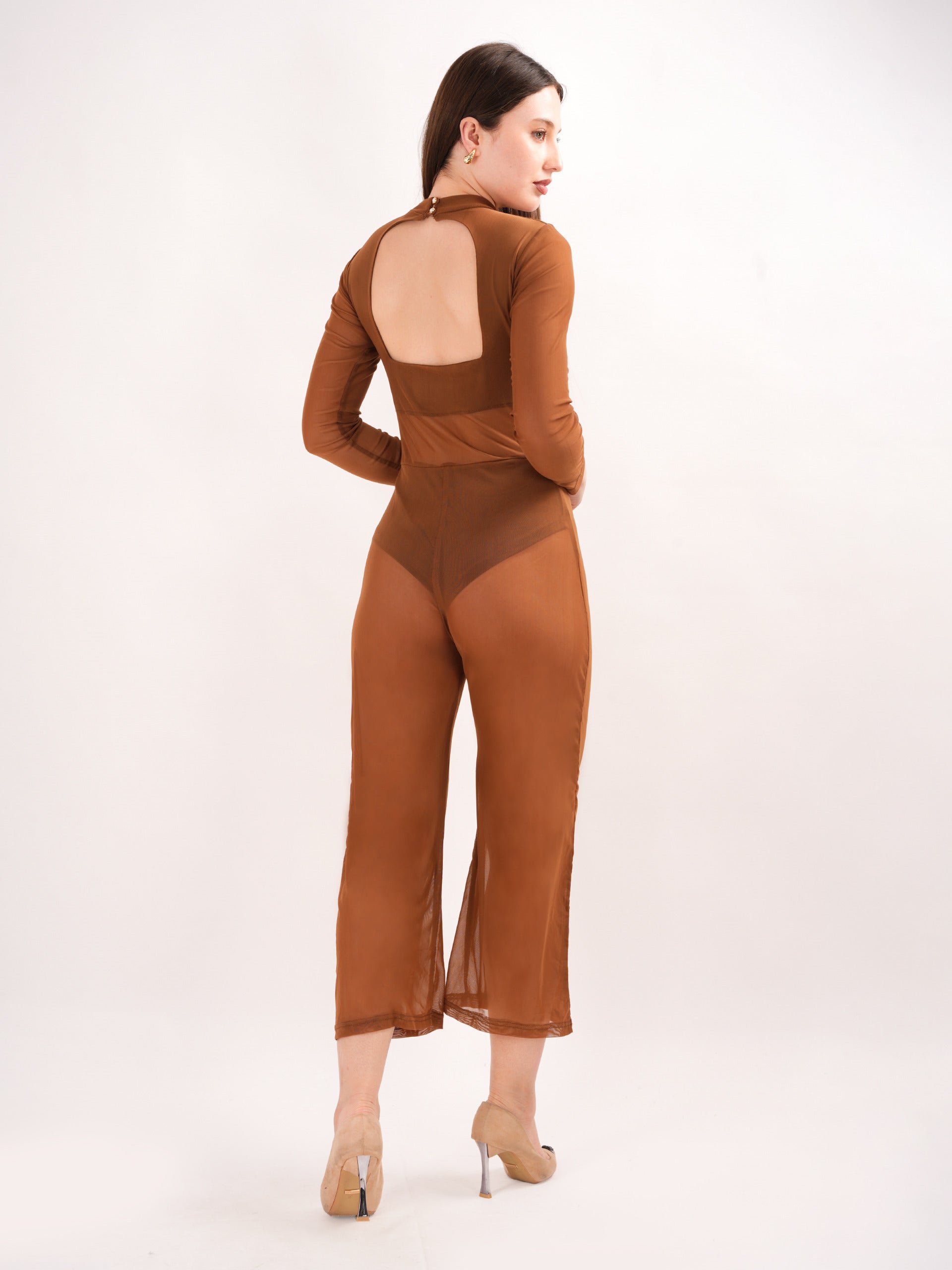 Sheer Brown keyhole Neck Jumpsuit