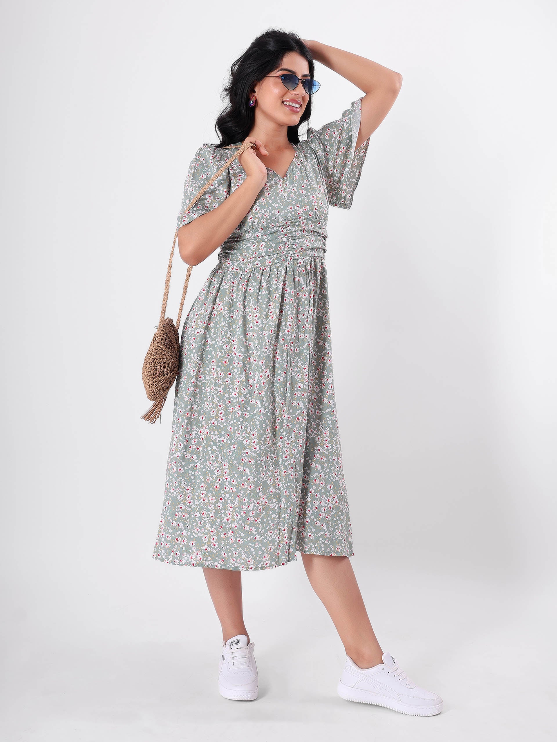 Floral Print A - Line Midi Dress With Butterfly Sleeve