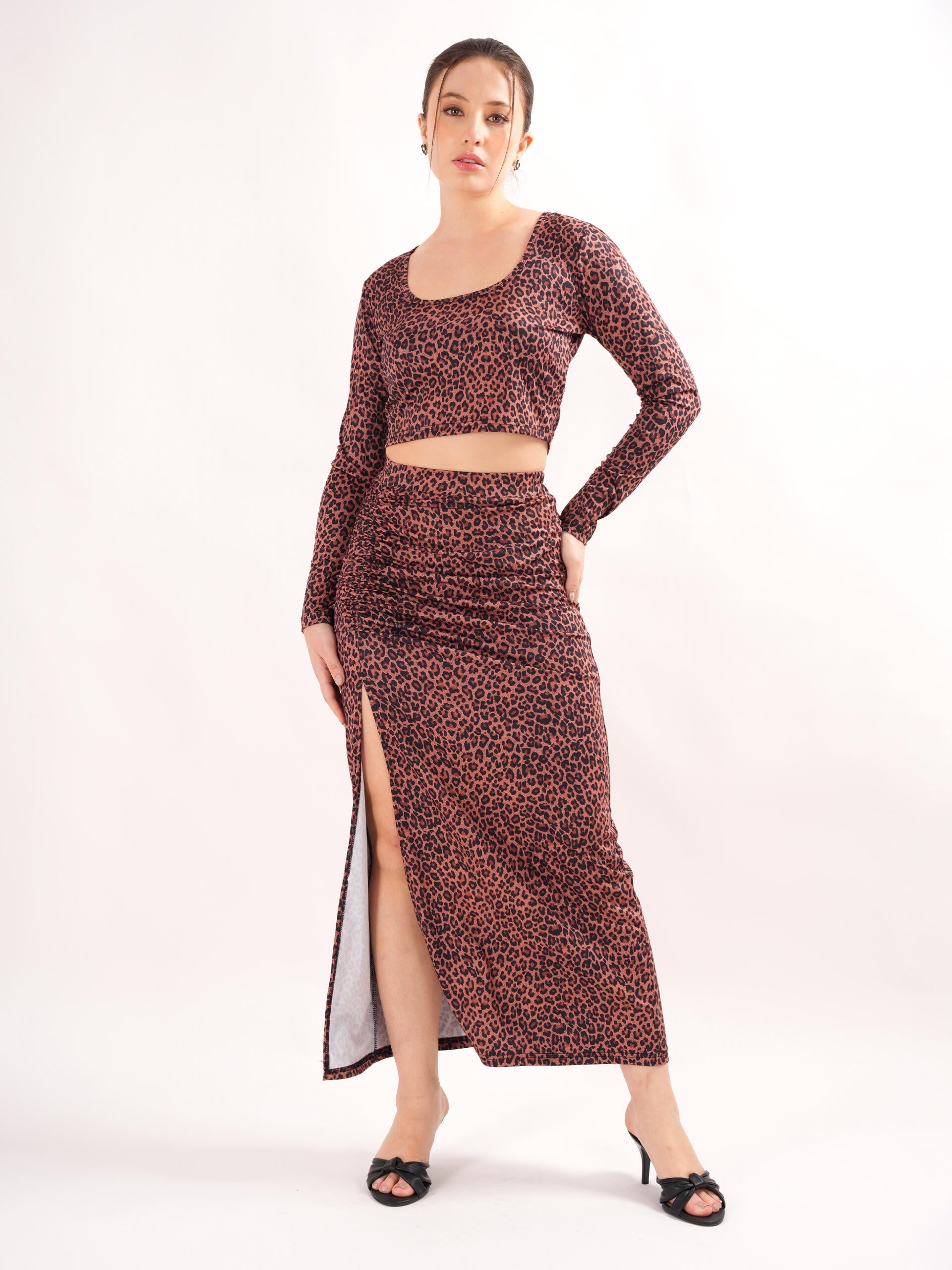 Animal Print Brown Slit Cord Set