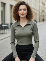 Women Ribbed Full Sleeve Collar Top