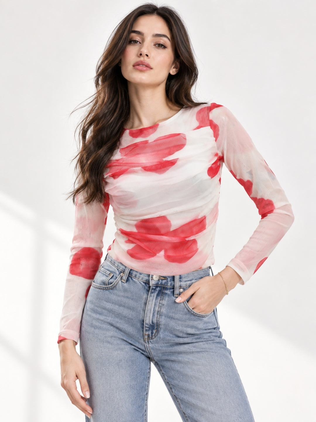Clobug Women Full Sleeve Big Floral Print Top