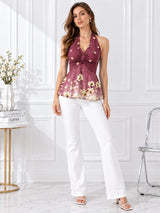 Women Printed Halter Neck Twist Front Peplum Top