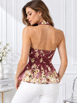 Women Printed Halter Neck Twist Front Peplum Top