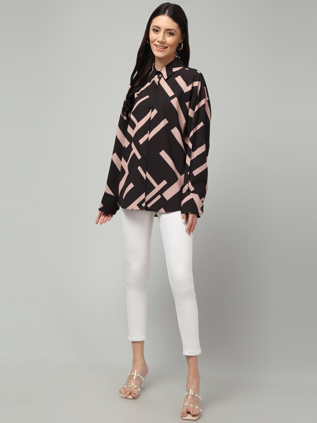 Clobug Women Printed Full Sleeve Oversized Shirt