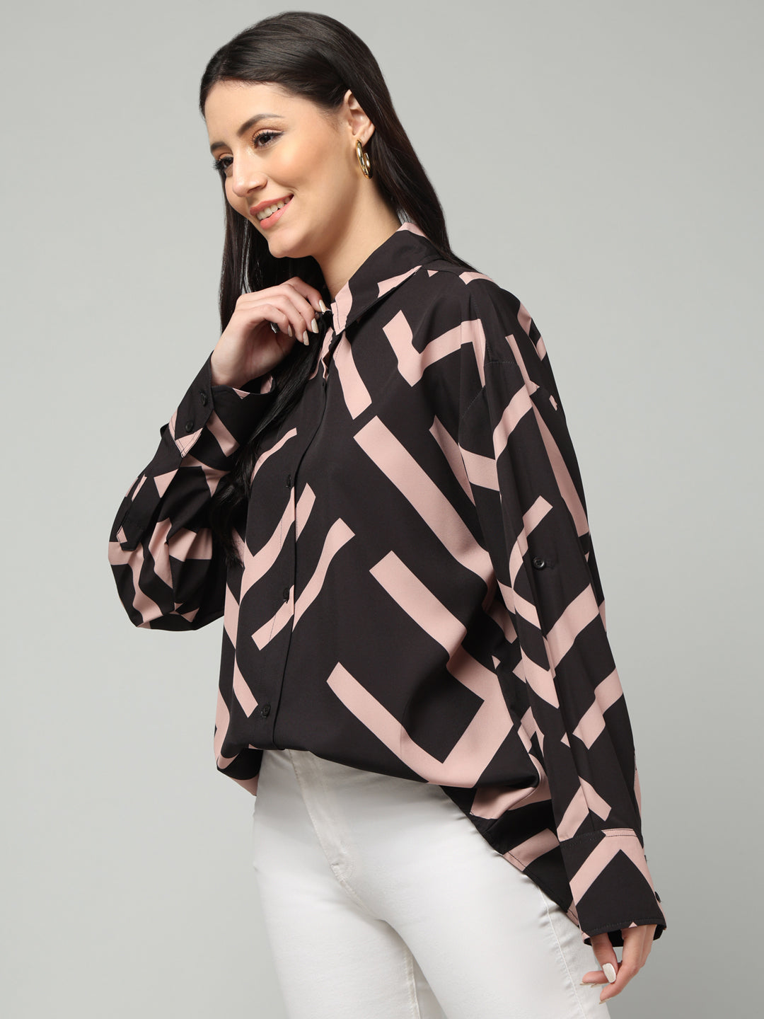 Clobug Women Printed Full Sleeve Oversized Shirt