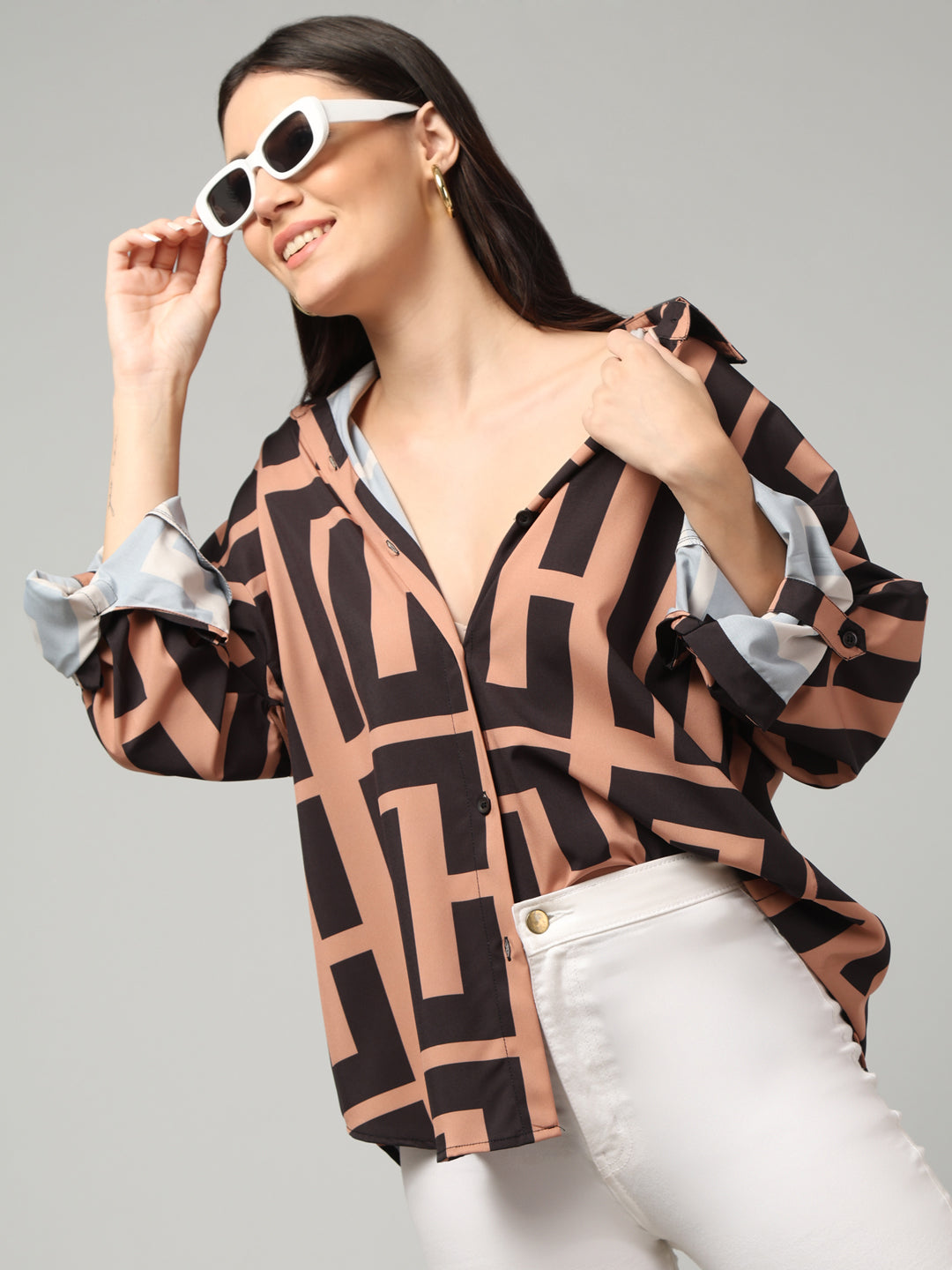 Clobug Women Printed Full Sleeve Oversized Shirt