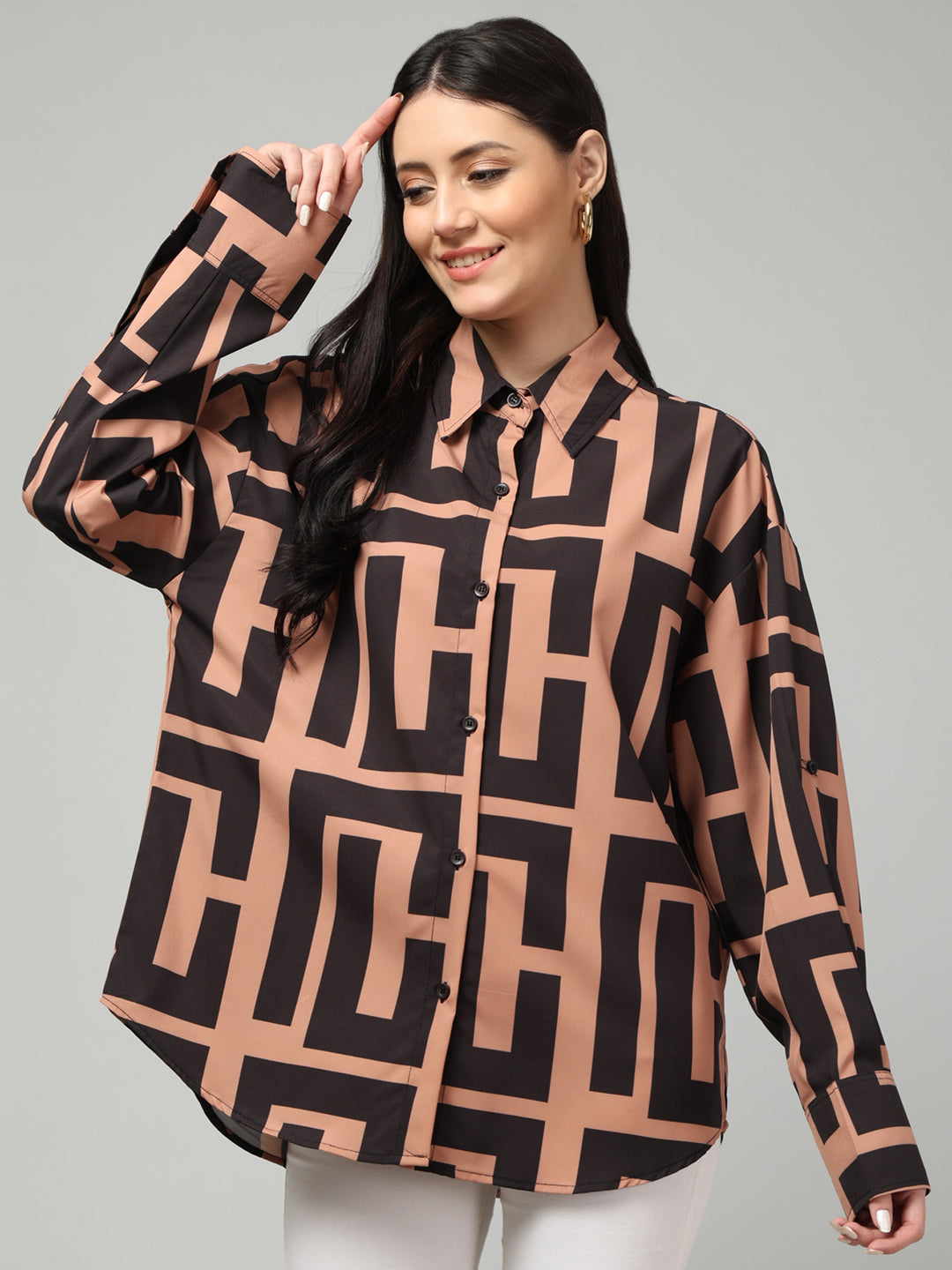 Clobug Women Printed Full Sleeve Oversized Shirt