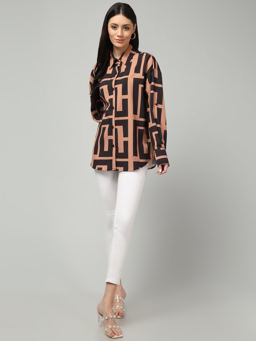 Clobug Women Printed Full Sleeve Oversized Shirt