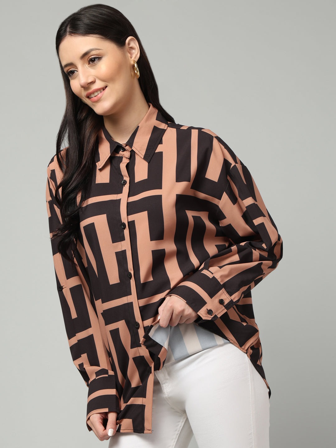 Clobug Women Printed Full Sleeve Oversized Shirt