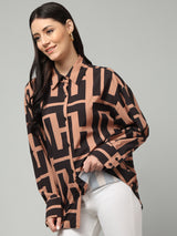 Clobug Women Printed Full Sleeve Oversized Shirt