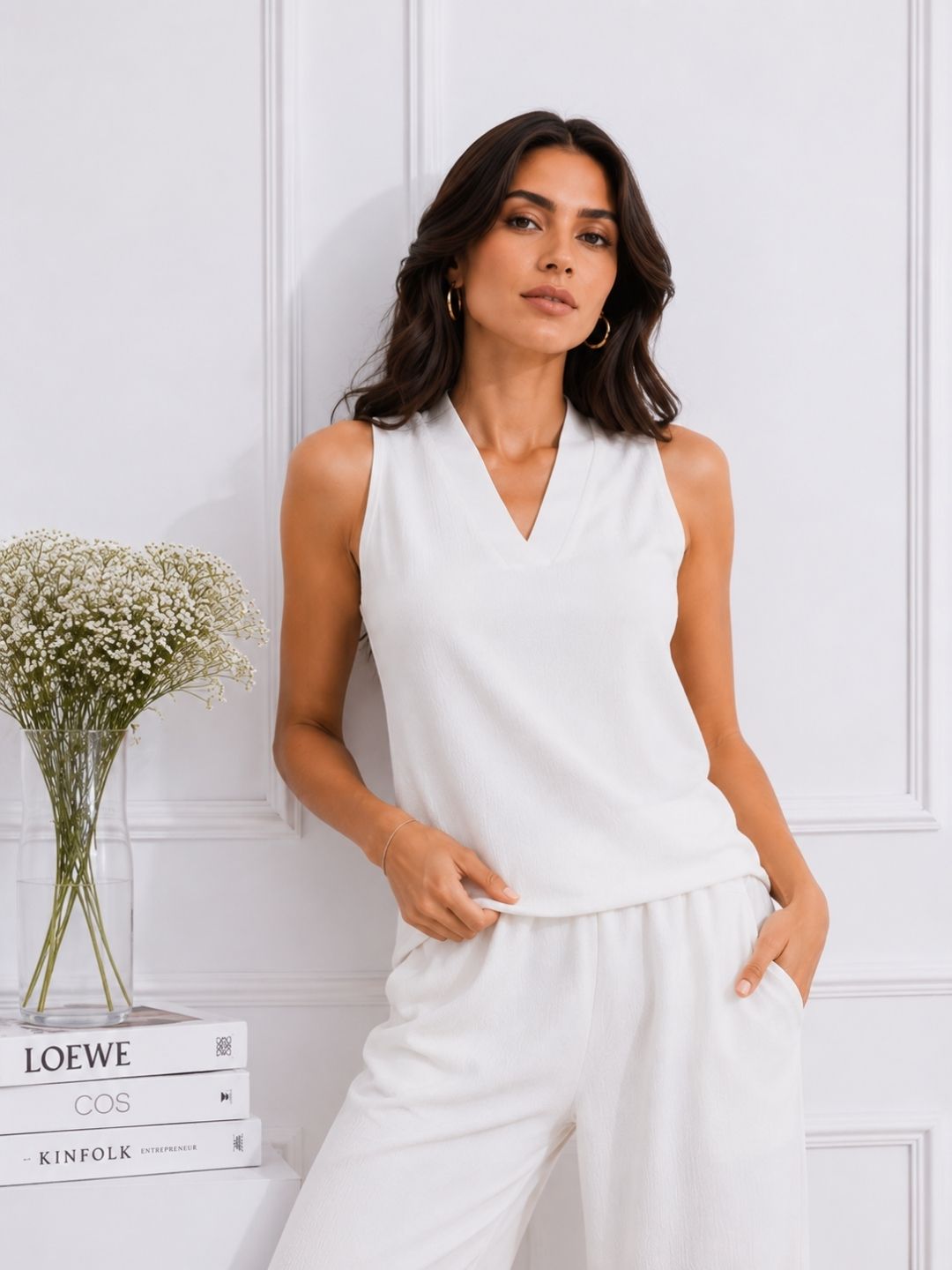 Women's White V-Neck Co-Ord Set
