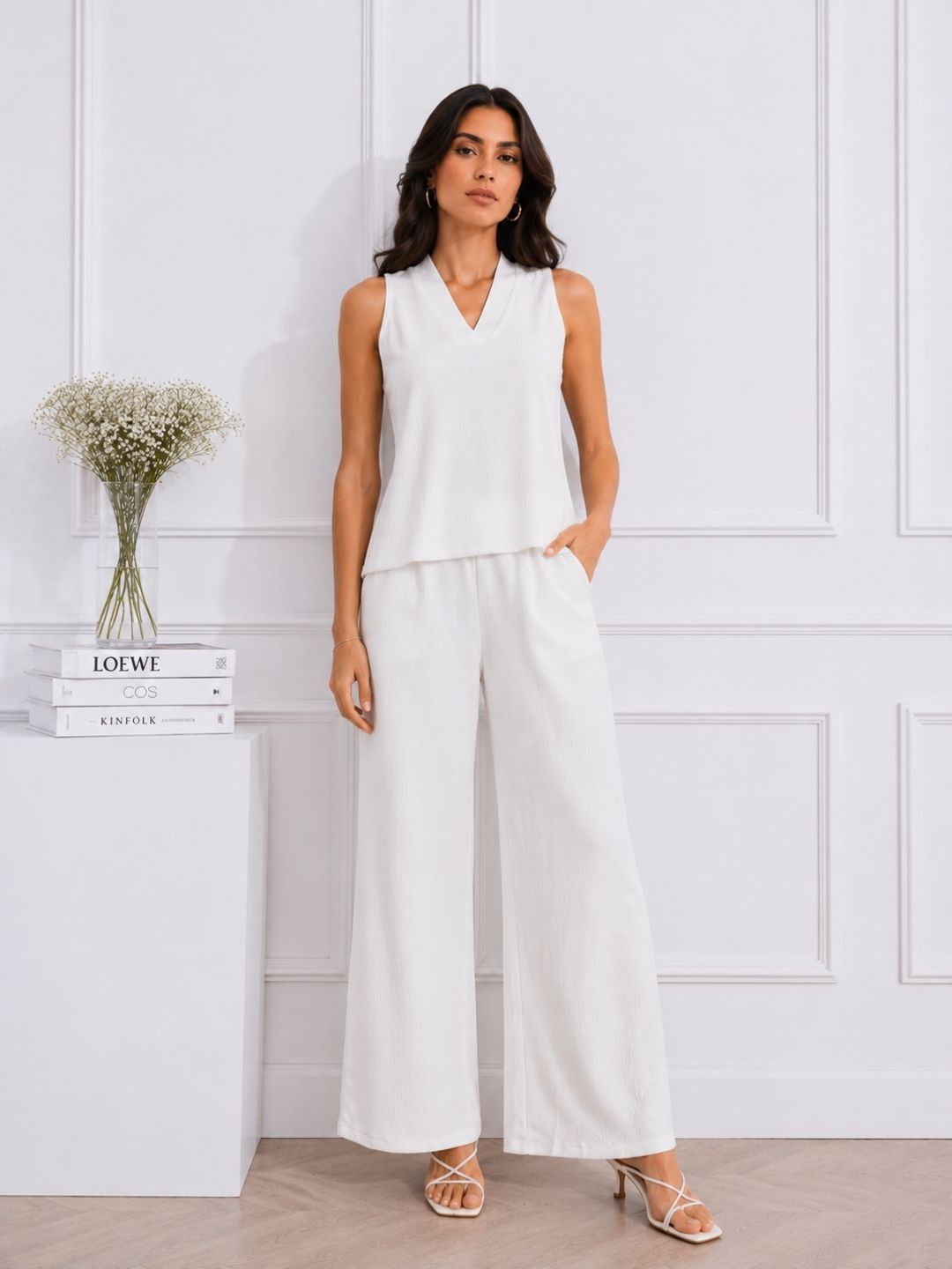 Women's White V-Neck Co-Ord Set