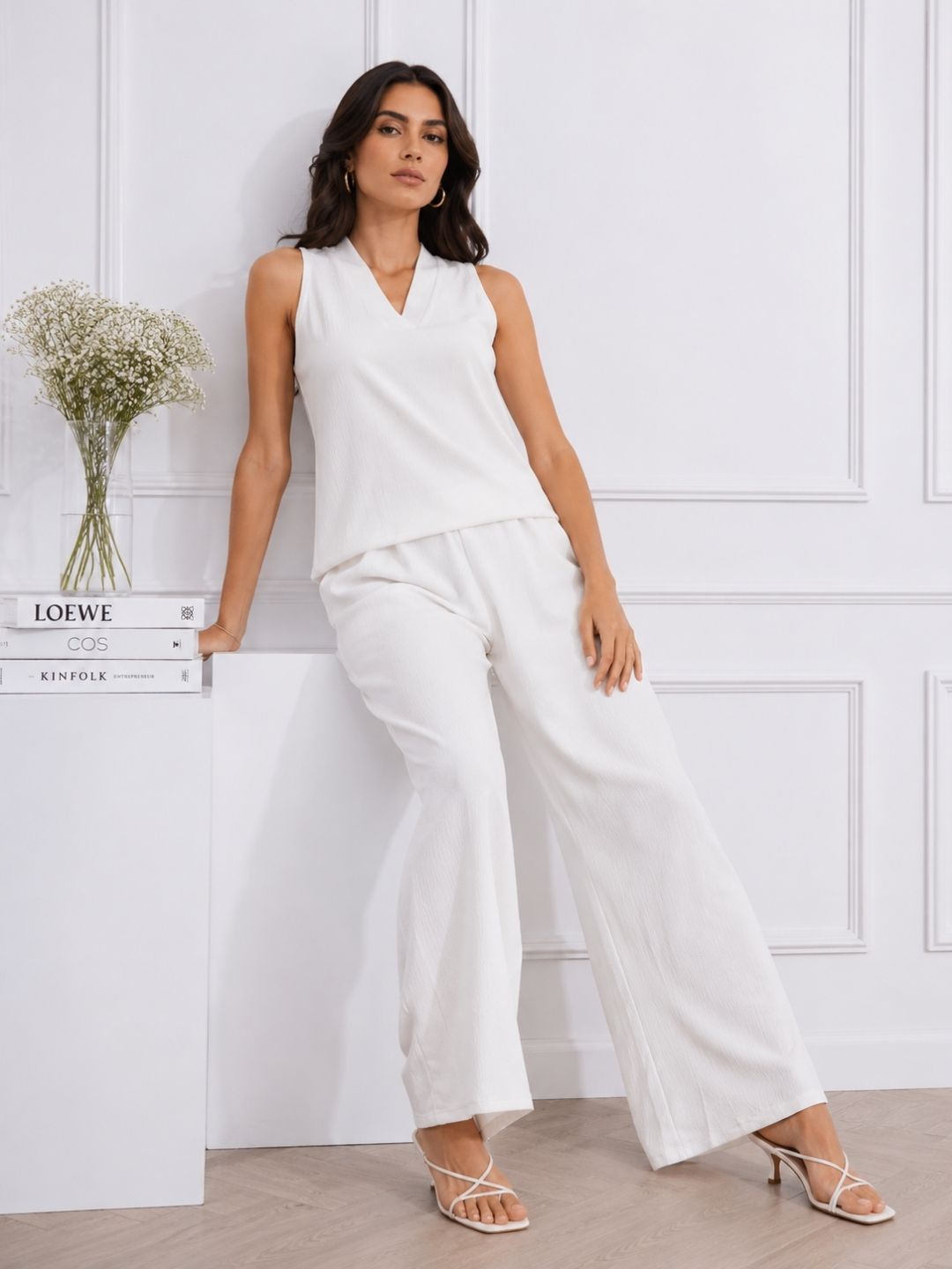 Women's White V-Neck Co-Ord Set