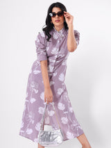 Floral Print A - Line Midi Dress With Gathering Sleeve