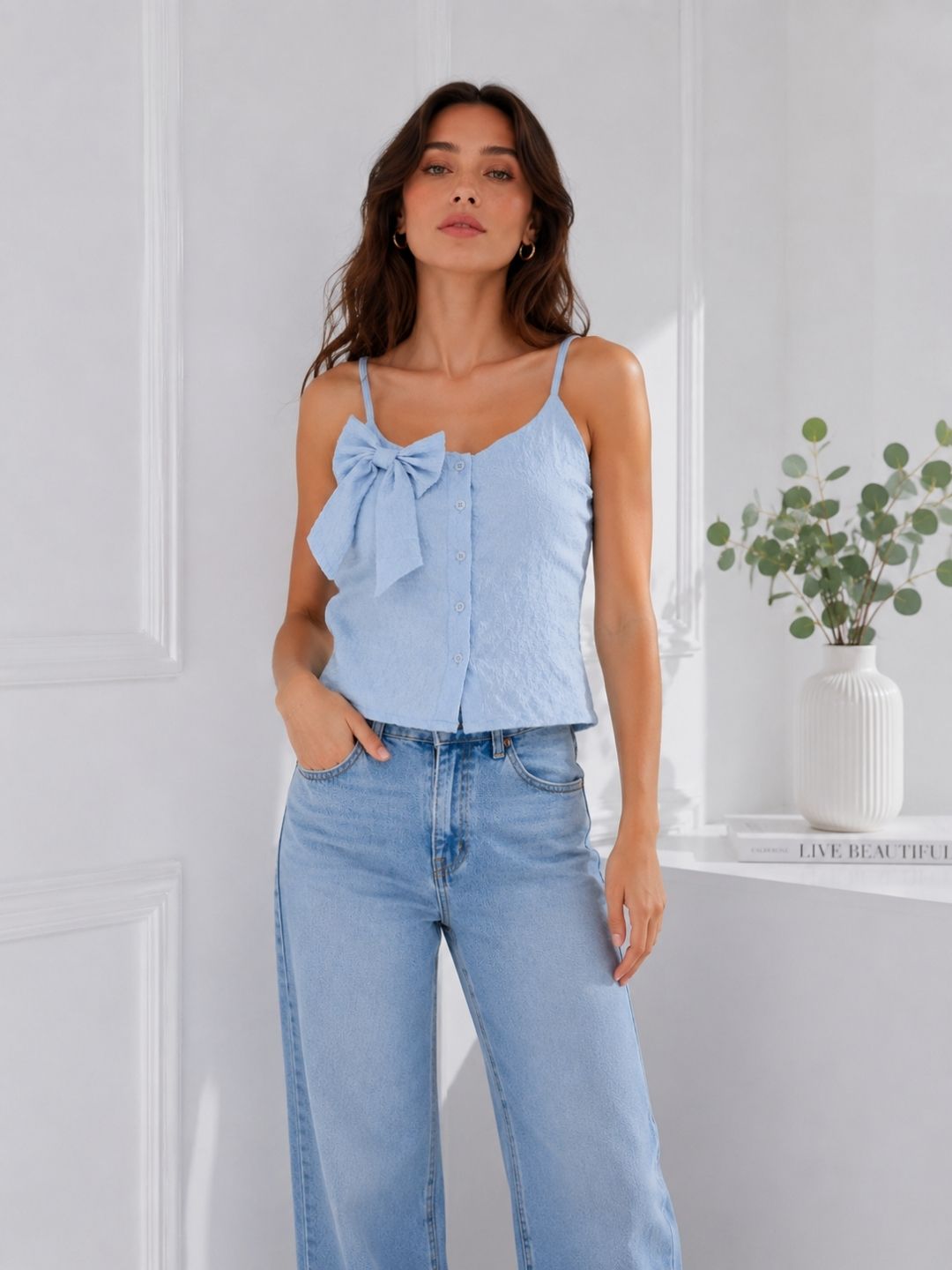 Clobug Women Blue Bow Top