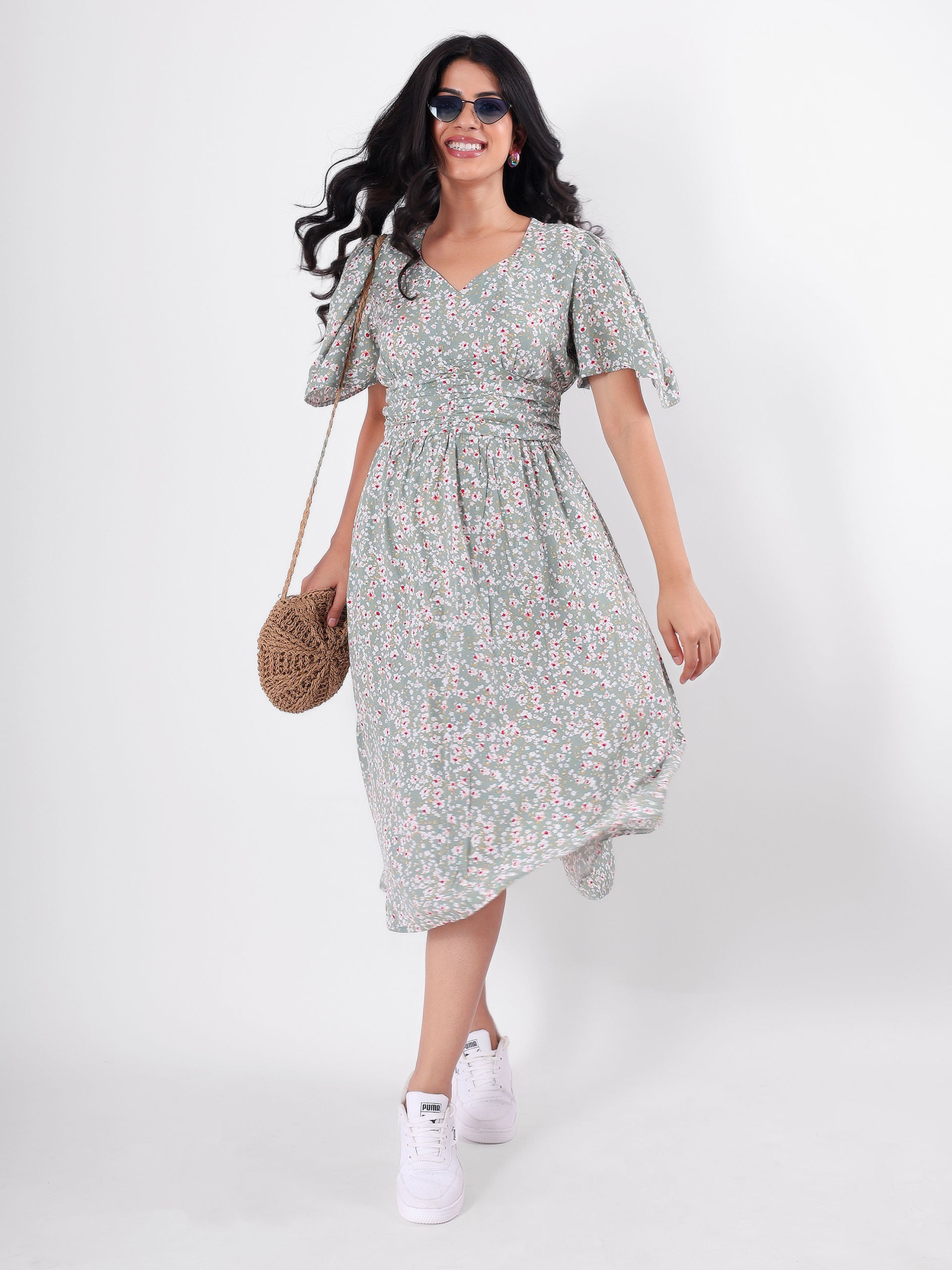 Floral Print A - Line Midi Dress With Butterfly Sleeve