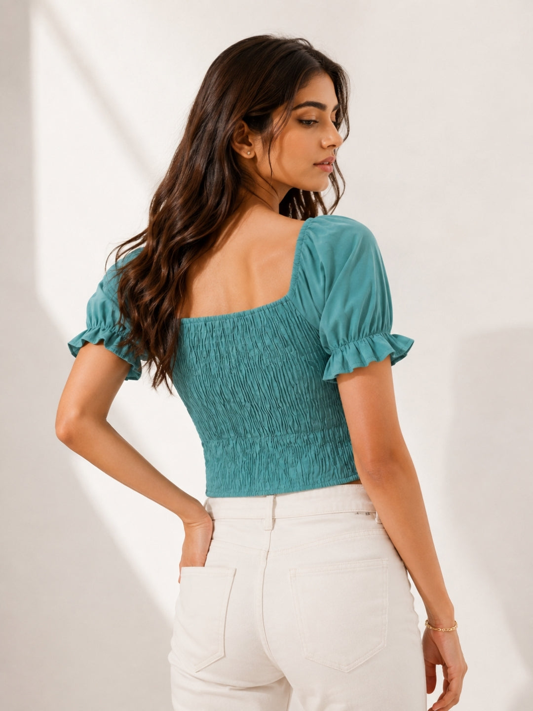 Clobug Women Square Neck Short Sleeve Crop Top