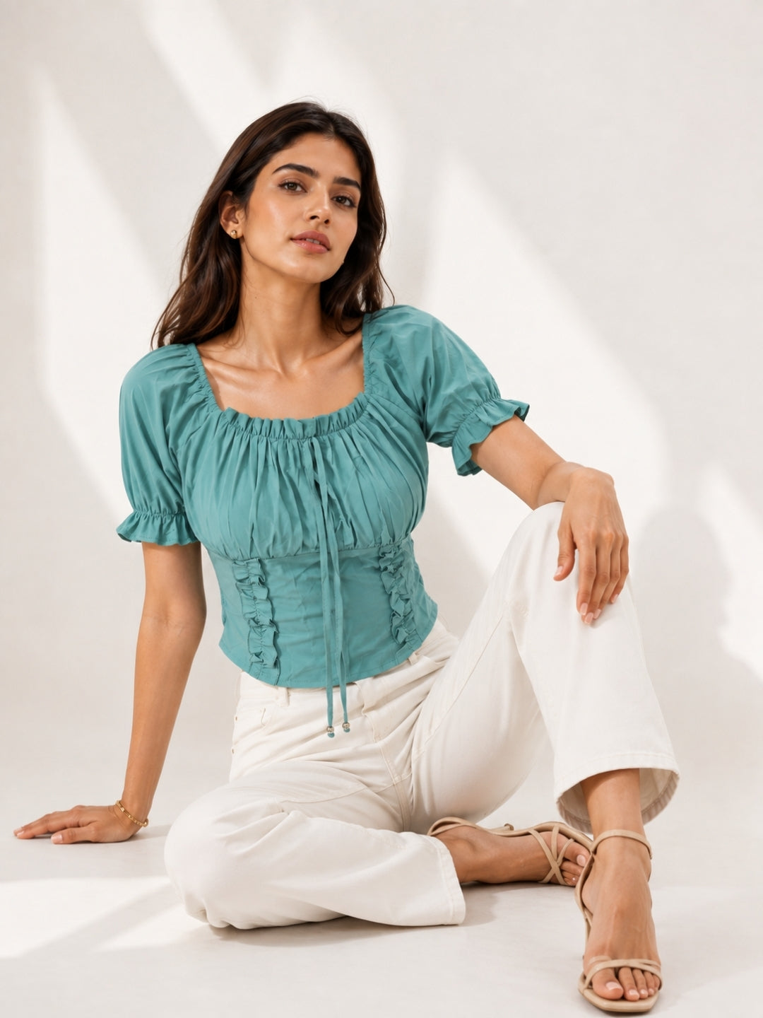 Clobug Women Square Neck Short Sleeve Crop Top