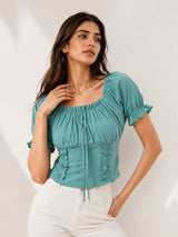 Clobug Women Square Neck Short Sleeve Crop Top
