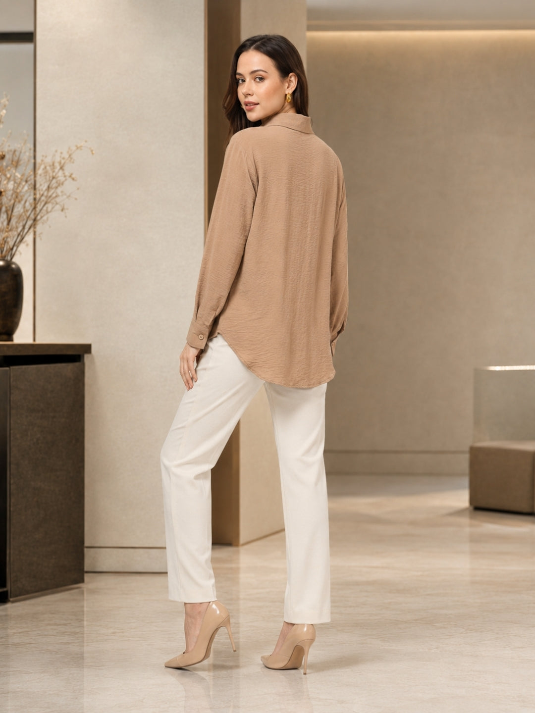 Clobug Women Solid Beige Shirt