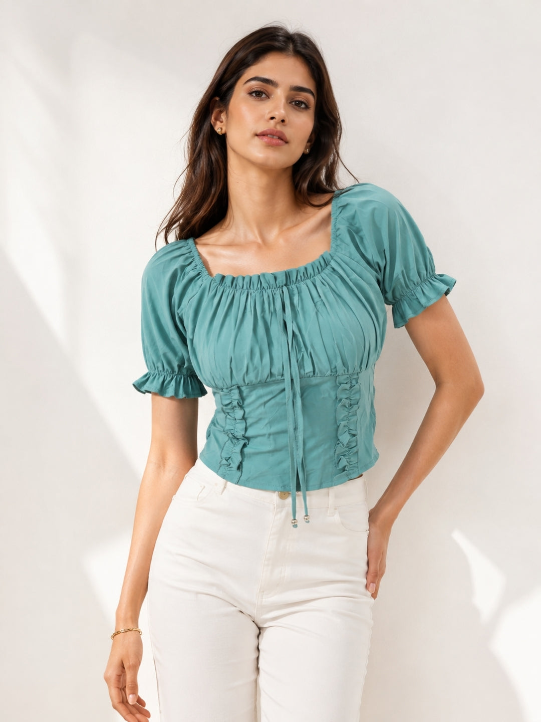Clobug Women Square Neck Short Sleeve Crop Top