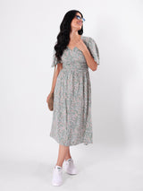 Floral Print A - Line Midi Dress With Butterfly Sleeve