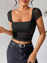 Neted Solid Half Sleeve Crop Top