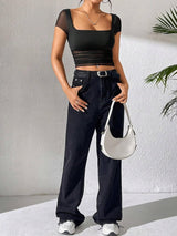 Neted Solid Half Sleeve Crop Top