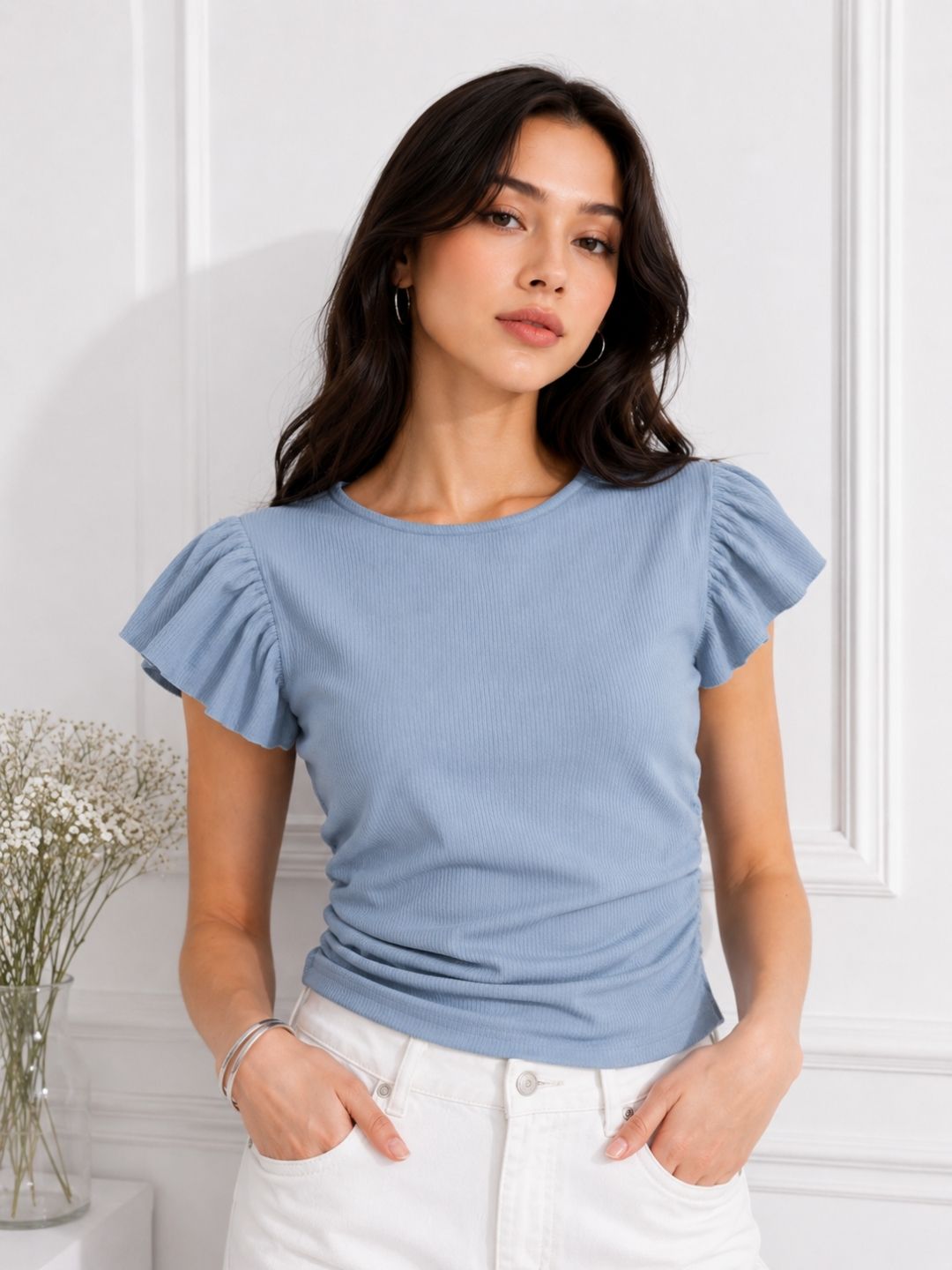 Women's Blue Round Neck Crop Top