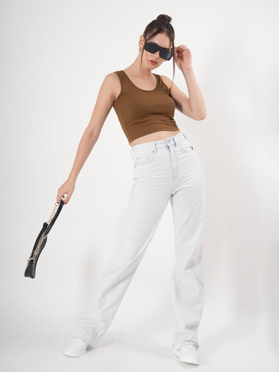 Solid Sleeveless Round Neck Crop Top